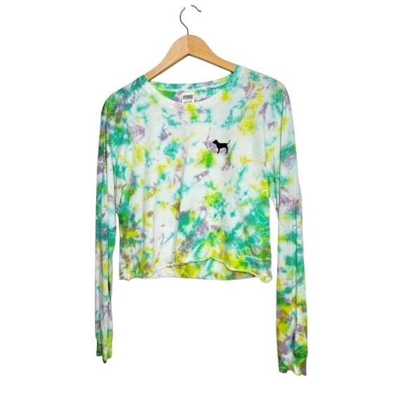 PINK Long Sleeve Shirt Size Small Cropped Crewneck Tie Dye Pullover - Picture 2 of 5